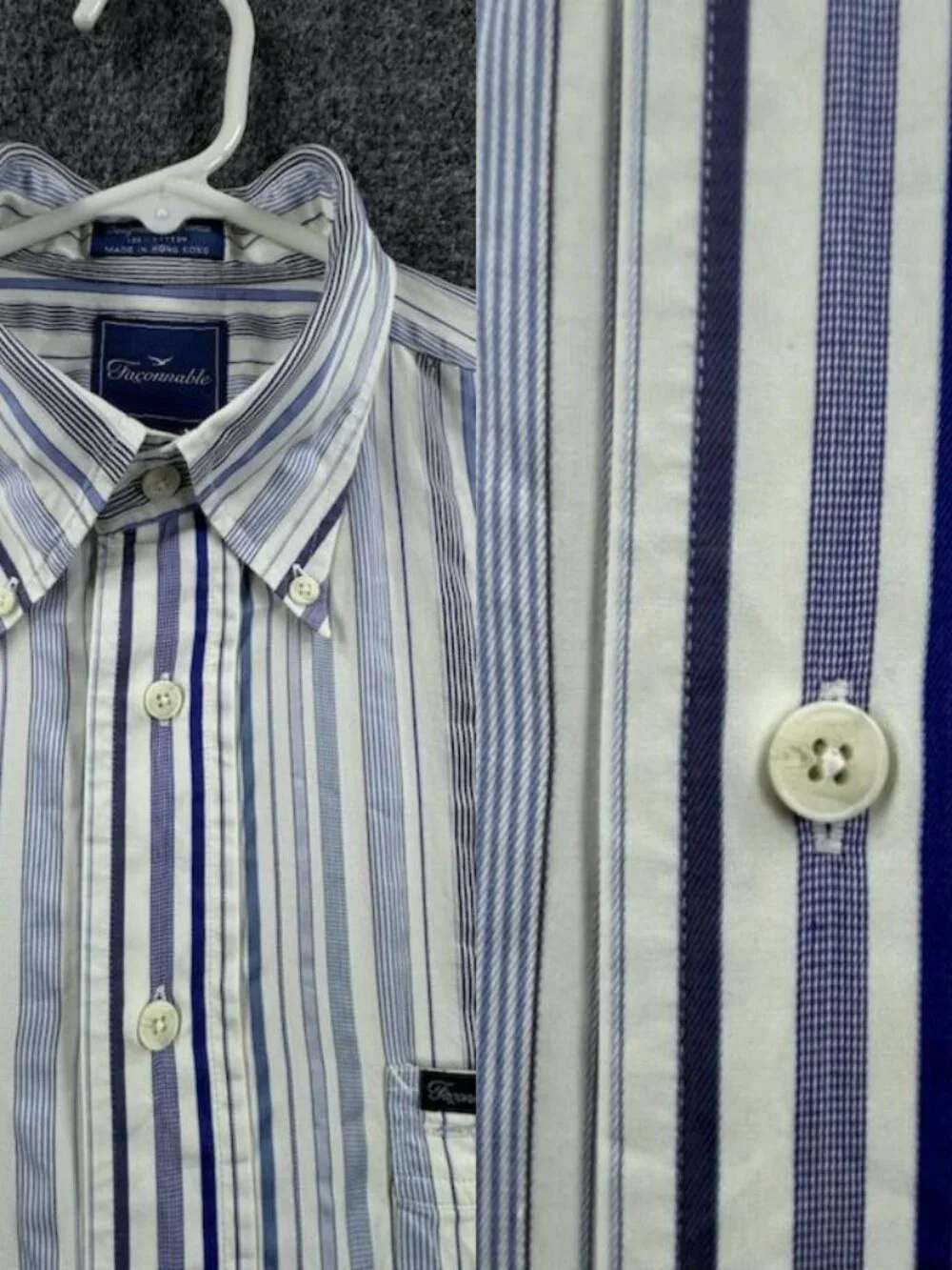 Faconnable Blue White Button-Down Striped Logo Medium Shirt Men Pocket Cotton
